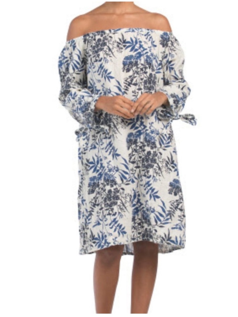 Francesca Bettini Large 100% Linen Floral Off The Shoulder Shift Dress Sand Blu